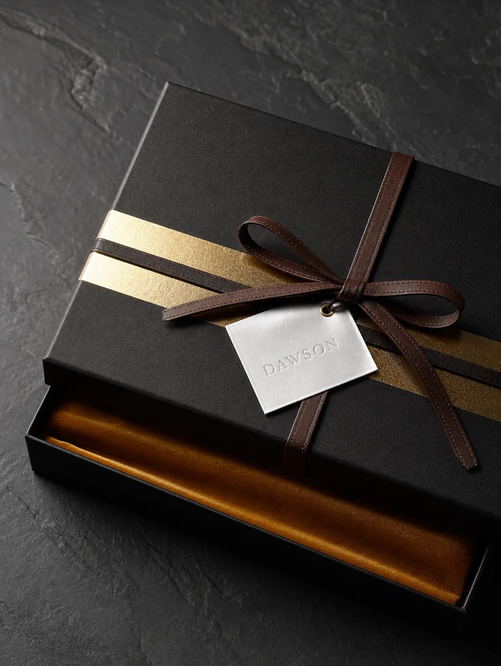 Bespoke corporate gift box with embossed logo and satin lining
