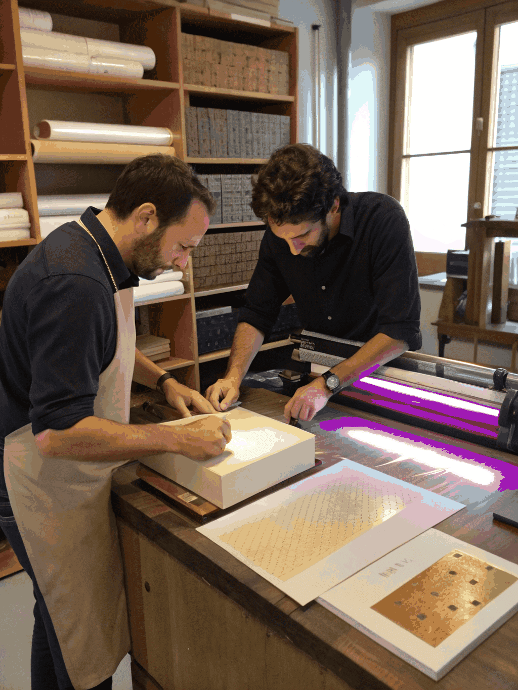 Artisan hands applying gold foil stamping to a premium perfume box in our Ajman facility