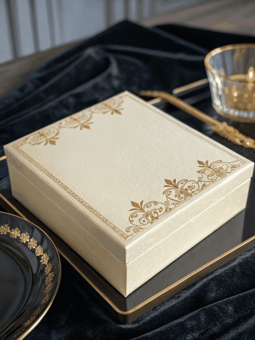 Close-up of premium rigid perfume box with gold foil stamping